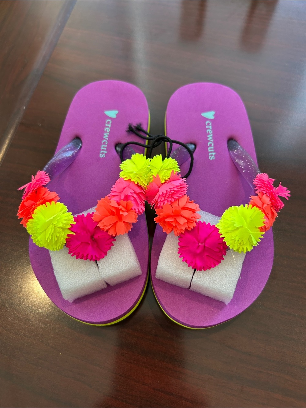 NWT Crewcuts Purple Flip Flops with Neon Pom Flower Accents